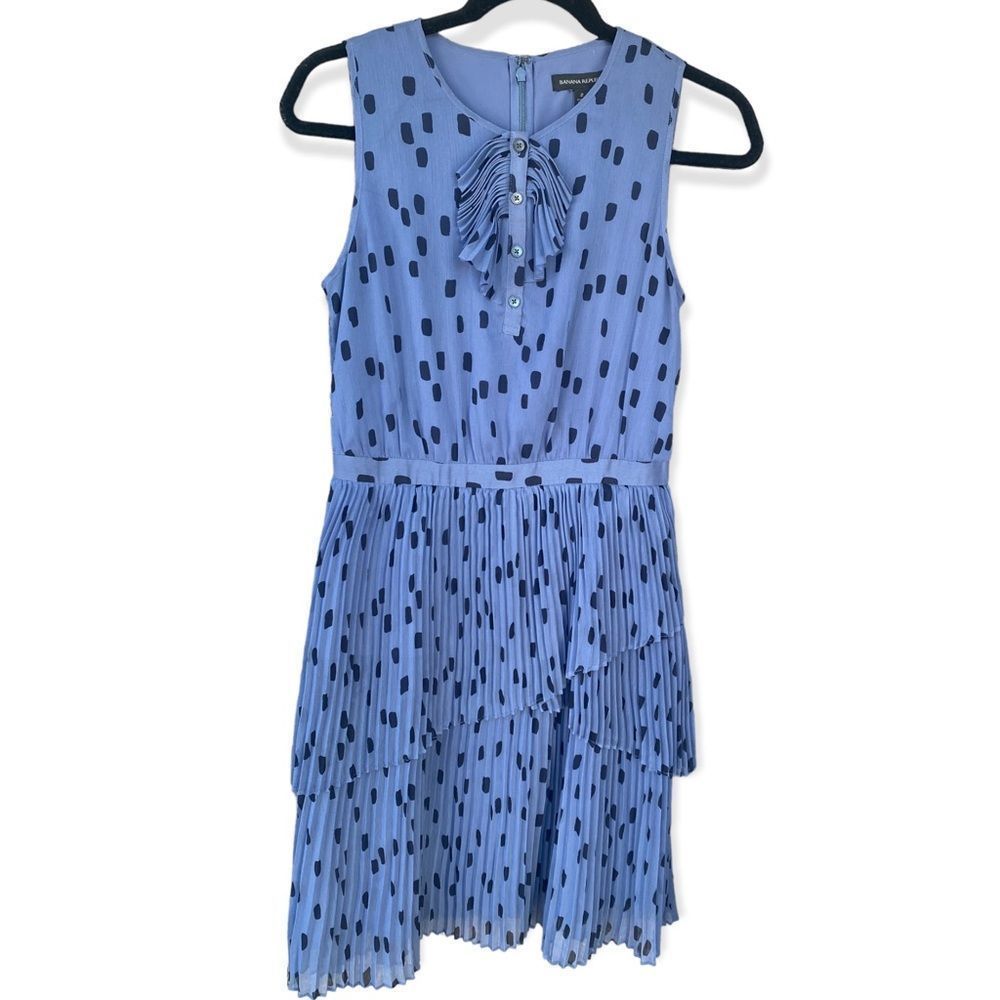 BANANA REPUBLIC Polka Dot Pleated Blue Black Layered Sleeveless Dress Sz 2